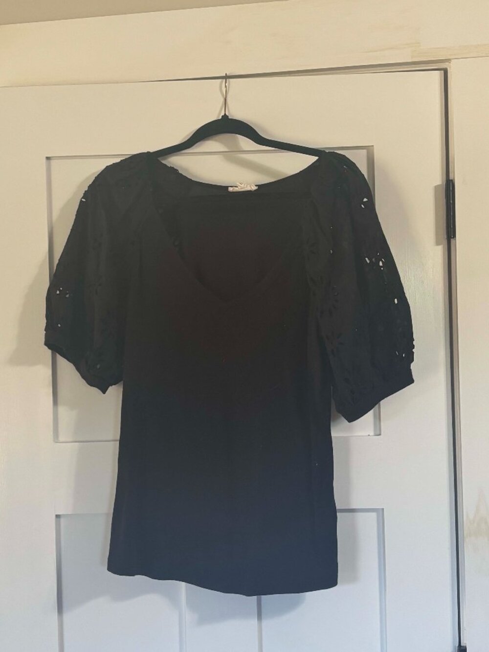 a loves a V Neck Short Eyelet Balloon Sleeve T Shirt